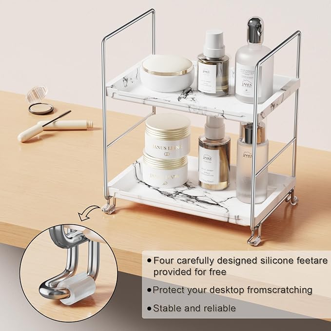 2-Tier Bathroom Organizer Countertop Perfume Makeup Shelf Cosmetics Storage Shelf Display Rack Vanity Dresser,Kitchen Spice Rack,Plastics Imitation Marble Design,Tool-Less Install(Sliver)