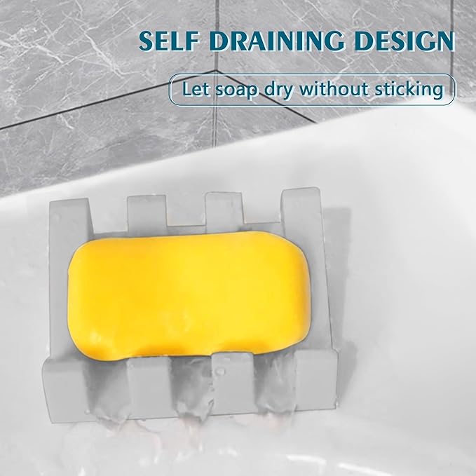 Self Draining Soap Dish Holder,Silicone Soap Dish,for Bathroom,Kitchen, Sponges，Can Extend Soap Life，Keep Soap Bars Dry and Easy Cleaning (Light Grey,4-Pack)