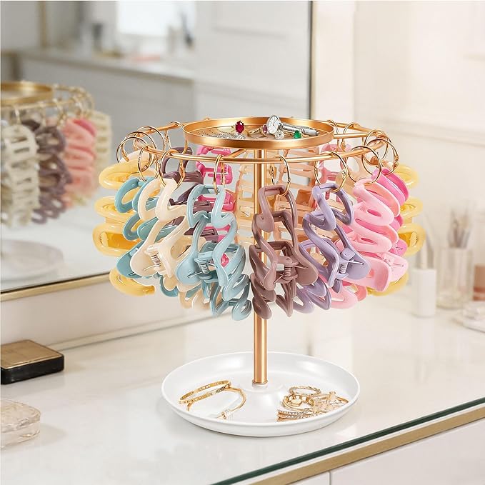 SNOWSTAR Claw Clip Organizer,Hair Clip Holder Stand with Tray, Hair Clip Storage Display Rack with 20 Golden Rings, Organizer Room Decor for Women and Girls