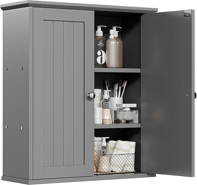 SUNLEI Bathroom Medicine Cabinet with 2 Doors, Bathroom Wall Cabinet with Storage, Space Saving Storage Cabinet with 3-Tier Shelves, Grey
