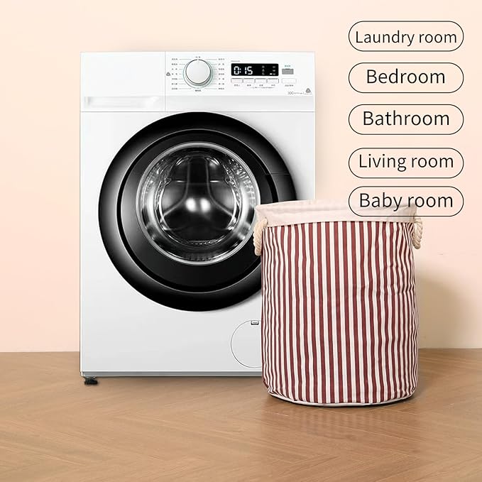 Large Storage Laundry Hamper Basket 62L with Handles, Waterproof, Freestanding, Collapsible Laundry Hamper, Classic Stripes Pattern, Red Color-Dirty Clothes Toy Organizer Bins