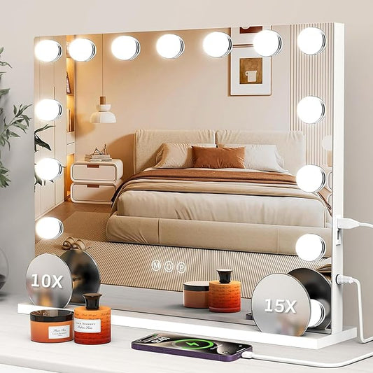 VESAUR Hollywood Vanity Mirror with 10X/15X Magnification and Lights, USB/Type-C Port Makeup Mirror with 15 Dimmable LED Bulbs, 3 Color Modes, Tabletop & Wall Mount for Bedroom, Aluminum（23"x18"）