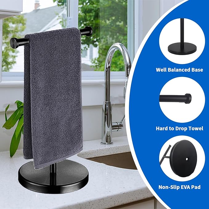 Hand Towel Holder,15 INCH T-Shape Hand Towel Holder Standing,Stainless Steel Hand Towel Rack for Bathroom Kitchen Countertop,Tower Bar for Kitchen Hand Towel Rack with Heavy Base,Black