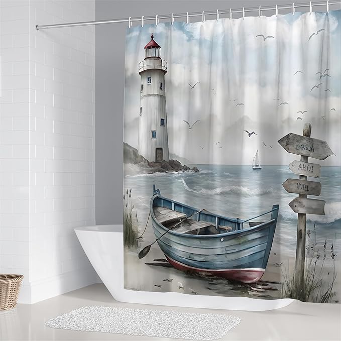 Chrainy 4Pcs Nautical Lighthouse Shower Curtain Sets Wooden Boat Bathroom Set Decor with Non-Slip Rugs Bath U-Shaped Mat Toilet Lid Cover Starfish Lighthouse Bathroom Curtain Shower Set with 12 Hooks
