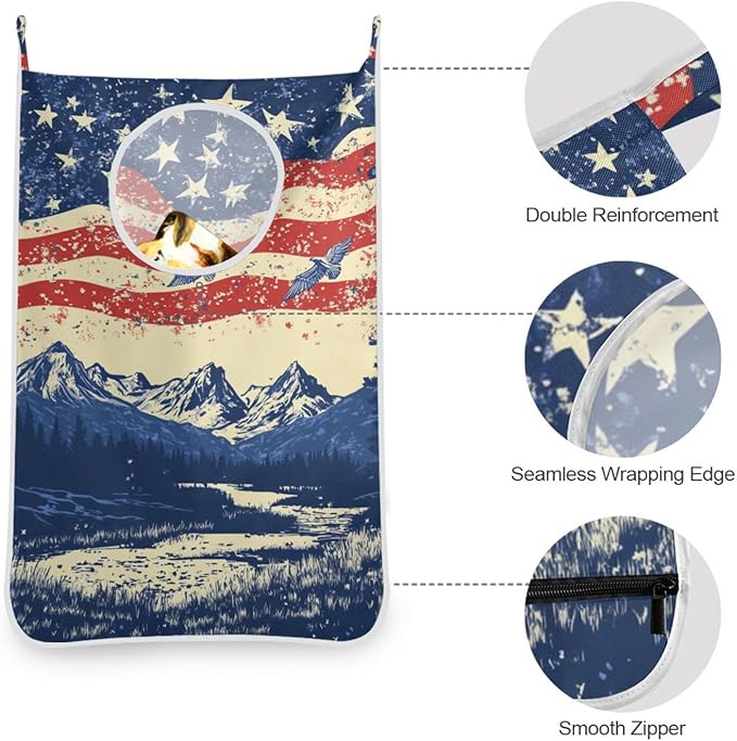 July 4th Flags Mountains Blue Door Hanging Laundry Hamper Bag with Free Adjustable Stainless Steel Hooks Dirty Clothes Hamper Extra Large Over the Door Laundry Hamper 29.5X20inch 1 PCS