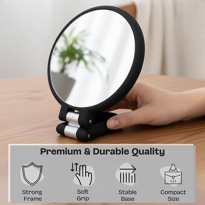 Danielle Creations 3-in-1 Folding Hand Held Compact Travel Makeup Mirror, 15x Magnification, Black