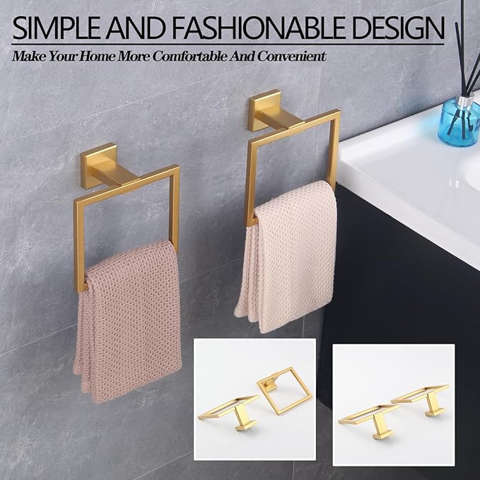GERZWY Bathroom Hand Towel Holder Gold Stainless Steel Towel Ring for Bath Kitchen Garage Heavy Duty Wall Mounted JG1916-2BE