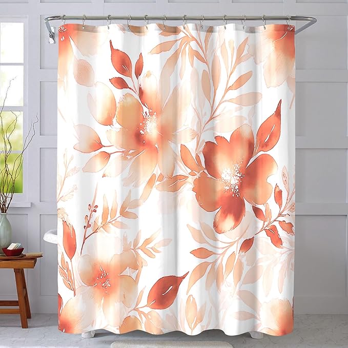 Floral Shower Curtain, Orange Watercolor Flower Shower Curtains for Bathroom, Modern Minimalist Waterproof Fabric Bath Decoration 72x72 Inch