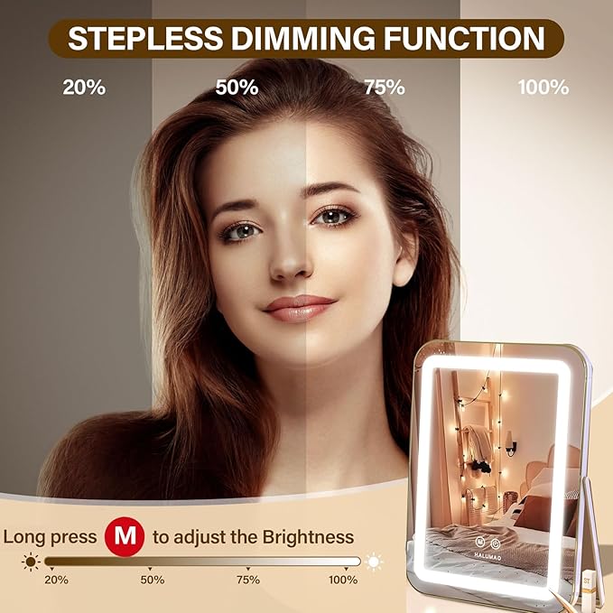 halumao Vanity Mirror with Lights, 14.5" Light Up Makeup Mirror, LED Makeup Mirror with Lights for Bedroom Tabletop, Smart Touch Control 3 Colors Dimmable, 360° Rotation