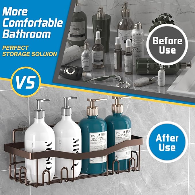 Youvip Adhesive Shower Caddy, No Drilling Bath Organizers 5 Pack, Rustproof Shelves with Soap Holder & Toothbrush Holder, Bathroom Organizers and Storage, Bronze