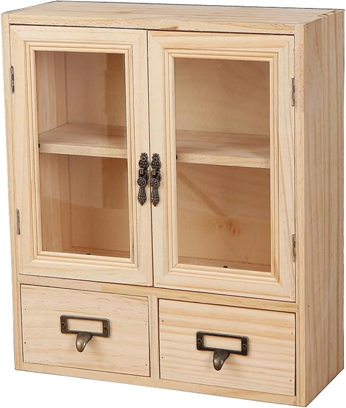 RZGKLSH Countertop Medicine Cabinet - 12.2"x4.7"x14.2"Vintage Cabinet - Pantry Storage - Glass & Wood Storage Cabinets with Doors and Shelves - Floating Shelf (Burlywood)