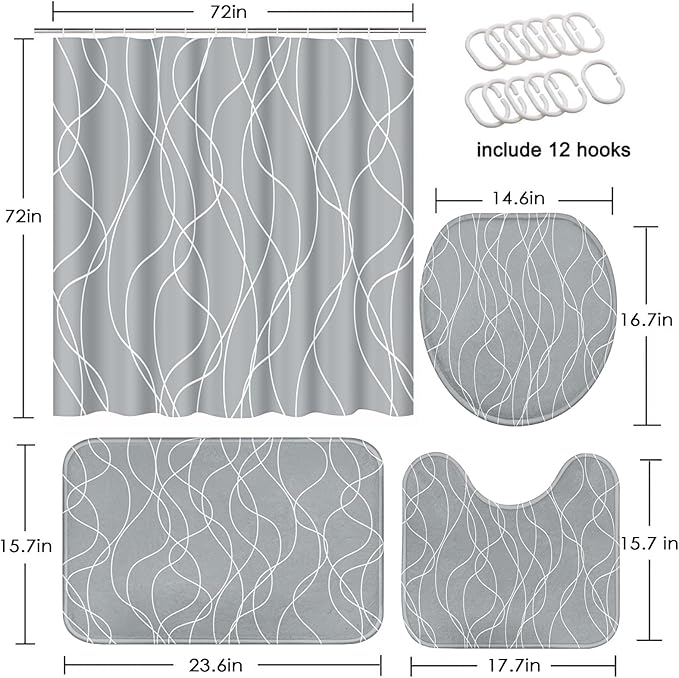 Grey Shower Curtain Set with Toilet Lid Cover and Non-Slip Rugs, White Striped Wavy Lines 4 Pcs Shower Curtain for Bathroom, Gray Modern Simple Abstract Bathroom Decor