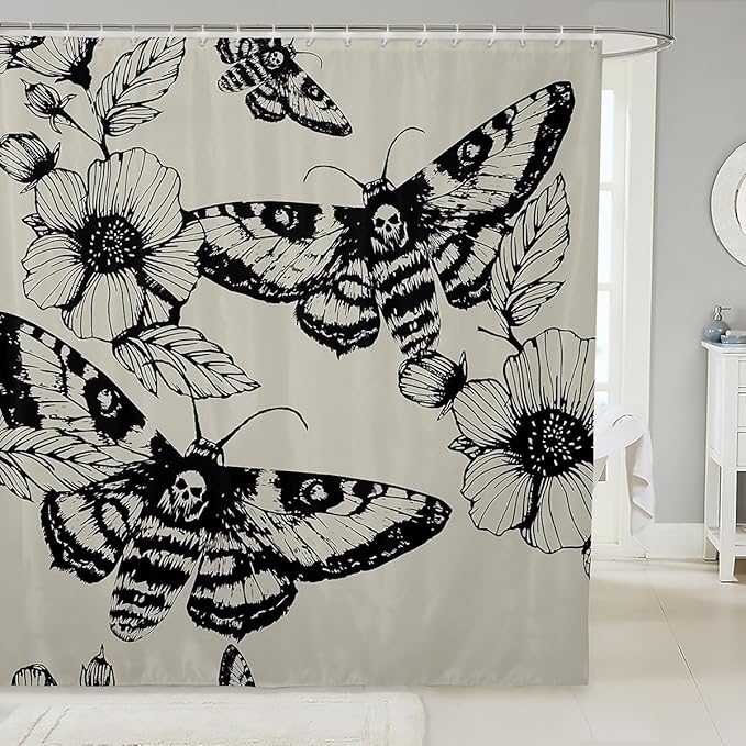 Gothic Skull Bathroom Shower Curtain Set Decorative Death Moth and Flowers Bath Curtain Kids Stalls Decor Pesonalized Skeleton Bones Shower Curtain Black Cream Waterproof Bathroom Curtains 72"x72"