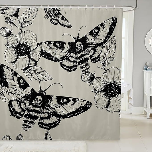 Gothic Skull Bathroom Shower Curtain Set Decorative Death Moth and Flowers Bath Curtain Kids Stalls Decor Pesonalized Skeleton Bones Shower Curtain Black Cream Waterproof Bathroom Curtains 72"x72"