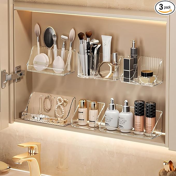 MORNITE 3 Pcs Medicine Cabinet Tray Organizer, Small Adhesive Bathroom Vanity Floating Shelves Storage for Toilet, Mirror, Wall, Countertop, Clear