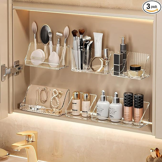 MORNITE 3 Pcs Medicine Cabinet Tray Organizer, Small Adhesive Bathroom Vanity Floating Shelves Storage for Toilet, Mirror, Wall, Countertop, Clear