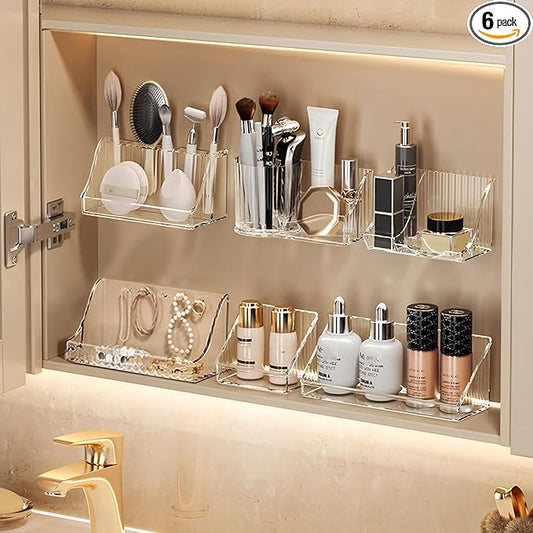 MORNITE 6 Pcs Medicine Cabinet Tray Organizer, Bathroom Vanity Toilet Cabinet Inside Shelves Storage Holder for Skincare Perfume Lipsticks Jewelry Brushes, Plastic Clear