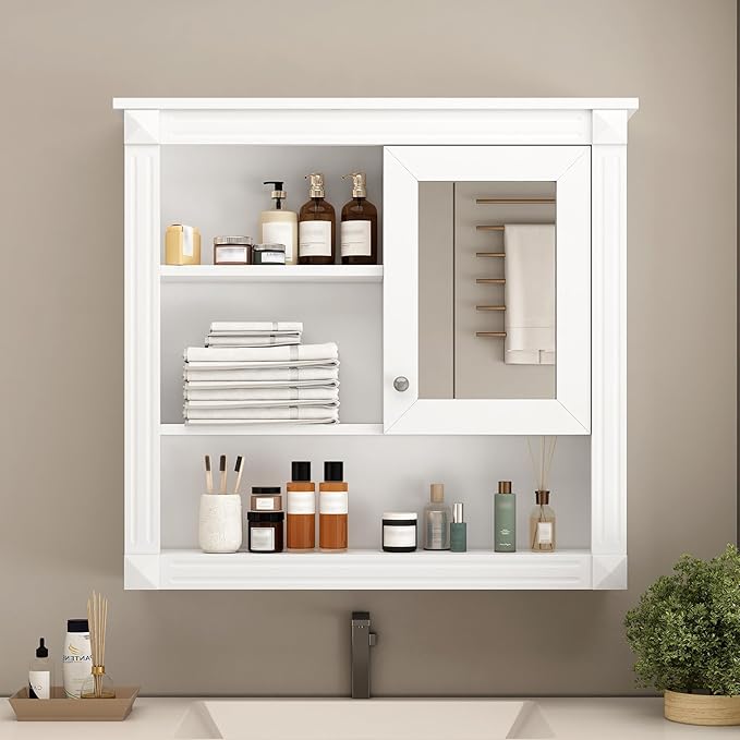 Merax Bathroom Medicine Cabinet with Mirror Door & Adjustable Shelves, 32" x 28" Wall Mounted Bathroom Storage Cabinet with Mirror, Over The Toilet
