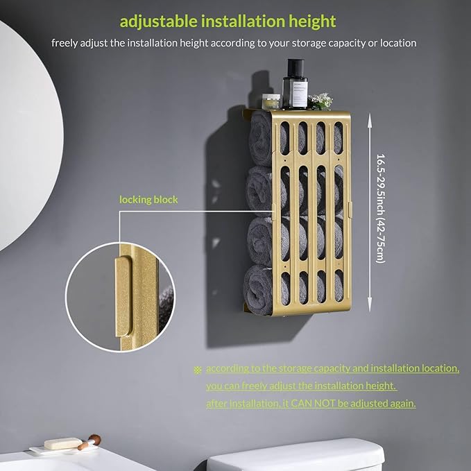 simpletome Towel Storage Rack Adjustable Height Wall Mount Bathroom Shelf Organizer Carbon Steel (Warm Gold)