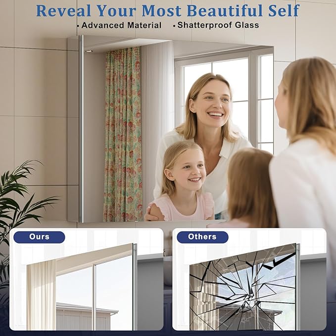 Bathroom Medicine Cabinet with Mirror, 20 Inch x 24 Inch Bathroom Mirror Cabinet with Single Door & Adjustable Shelves, Surface Mount or Recess Installation