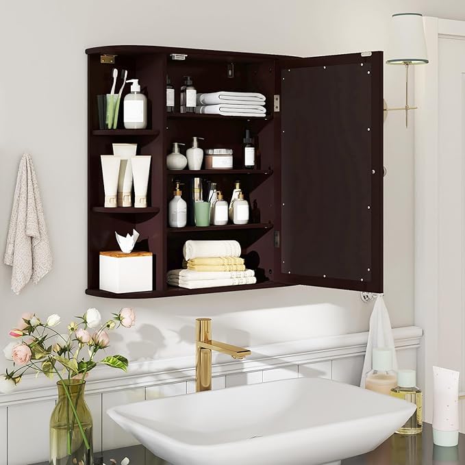 COSTWAY Medicine Cabinet with Mirror, Wall Mounted Bathroom Storage Cabinet with Mirror Door and Adjustable Shelves, Space-Saving Storage Organizer for Living Room Kitchen Entryway (Brown)