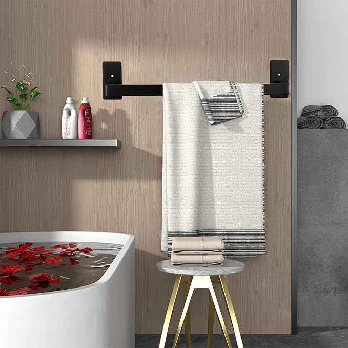 Bathroom Towel Bar Self Adhesive, No Drilling Towel Rack Easy to Install, Hand Towel Holder Made of Premium Stainless Steel Sticky on Hand Towel Hanger for Kitchen, Toilet.(24IN, Black)
