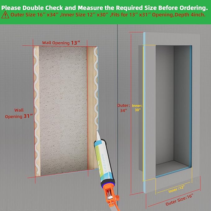 Shower Niche Insert Tile Ready,Niche for Shower Wall,Waterproof Tile Ready Showers Niches Recessed Box Shelf for Showers Bathroom Remodel/Soap Storage,Inner Size 30"x12",Outer Size 34”x16”,Depth 4”