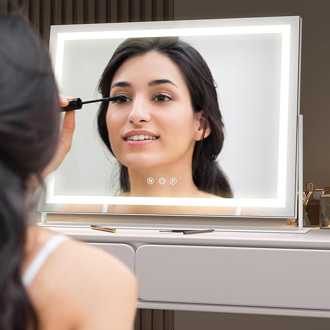 Hasipu Vanity Mirror with Lights, 17.7" x 12.6" LED Makeup Mirror, Light up Mirror with 10X Magnification, Smart Touch 3 Colors Dimmable, 360° Rotation (White)