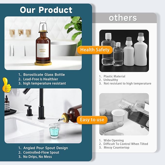 Amber Glass Mouthwash Dispenser for Bathroom Countertop – 14oz/410ml Refillable Mouthwash Bottle with Stainless Steel Pour Spout & Bamboo Tray, Modern Decor for Office, Airbnb, Gym (Amber)