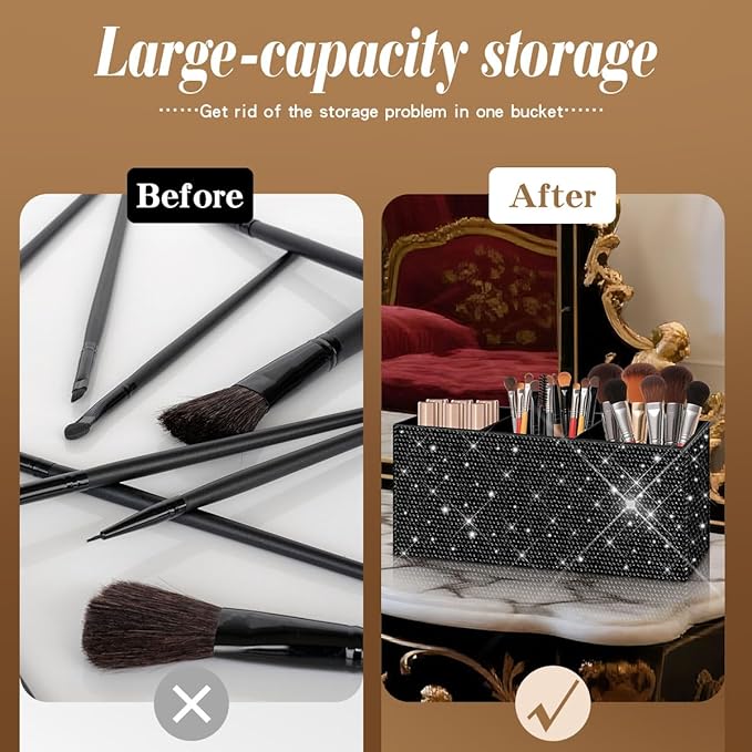 Bling Makeup Brush Holder Organizer, 3 Slot Sparkle Cosmetics Brushes Storage Holders with Shiny Rhinestones, Glitter Cute Pen and Pencil Holder for Desk, Eyeliners Display Case for Vanity???Black???