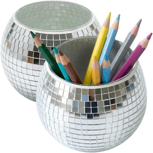 2 Pack Glass Disco Ball Makeup Brush with Smooth Grouting - Premium Mirror Mosaic Pencil Cup for Desk, Cute Pen Holder, Aesthetic Room Decor Gift (silver)