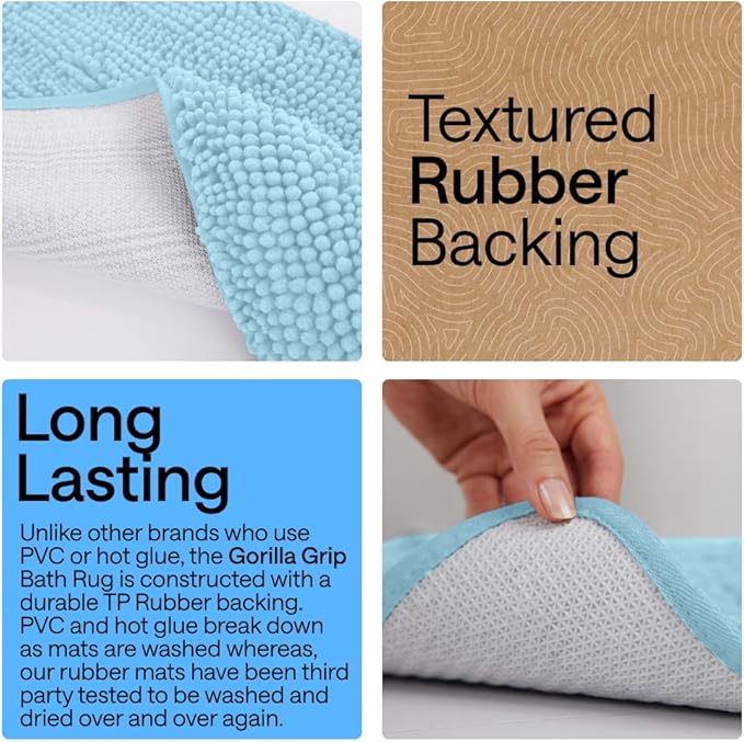 GORILLA GRIP Bath Rug Mat 36x24, Thick Soft Absorbent Chenille, Quick Dry Microfiber Mats, Rubber Backing Washable Shower Floor Rugs, Bathmat Runner, US Designed Bathroom Home Decor Accessories Sky