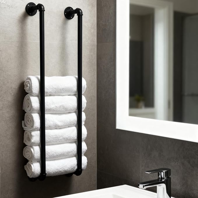 Towel Racks for Bathroom Wall Mounted,36 Inch Industrial Pipe Towel Rack Storage Organizer Hanging Towel Holder(Black)