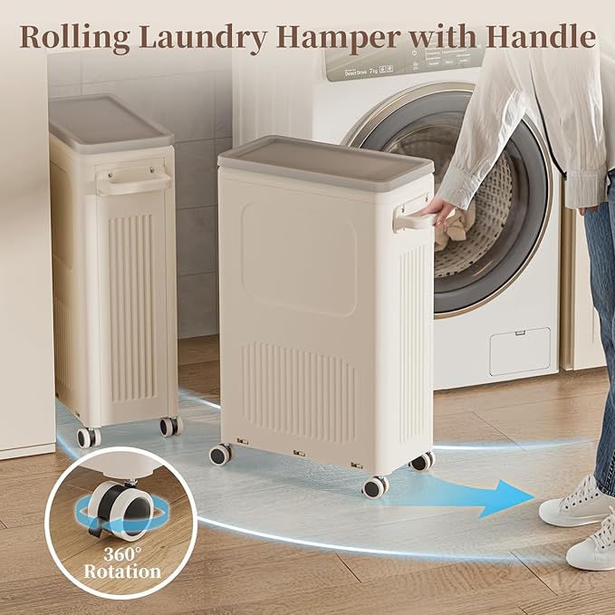 HAIXIN HOME Slim Laundry Hamper with Lid, 50L Plastic Tall Laundry Basket with Wheels, Compact Size for Narrow Space, Rolling Laundry Cart with Handle for Easy Transport to Laundry Room (2 Pack)