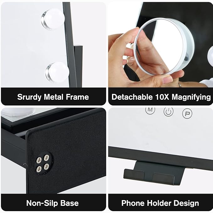 BWLLNI Vanity Mirror with Lights, Lighted Makeup Mirror, Hollywood Mirror with Phone Holder, 12 Dimmable LED Bulbs, 3 Color Lighting Modes, Detachable 10X Magnification, 360°Rotation(Black)