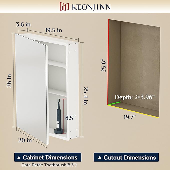Keonjinn 20 x 26 Inch Black Medicine Cabinet, Bathroom Medicine Cabinet with Mirror, Lightweight Aluminum Structure, Assembly Required, in Wall or Wall Mount, Free Adjustable Shelves, Tempered Glass