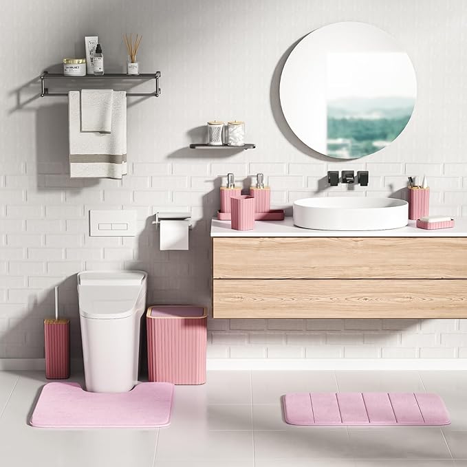 XLHOMO Bathroom Accessories Set - 25PC Pink Bathroom Set, Bathroom Set with Shower Curtain and Rugs, Pink Shower Curtain Set, Toilet Brush, Bathroom Trash Can