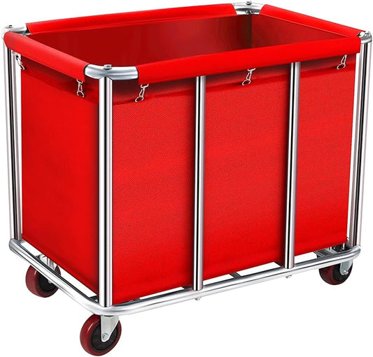 Commercial Laundry Cart with Wheels, 400L Large Rolling Laundry Cart with Steel Frame and Oxford Cloth, Heavy Duty Industrial Laundry Cart for Home,Hotel,Laundry Room, 441 lbs Load (Red-8)