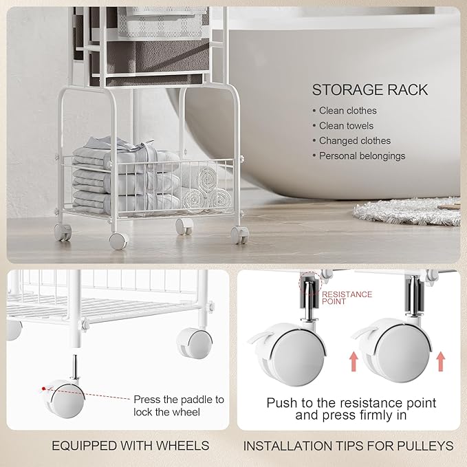 Towel Racks for Bathroom, 42" H 3-Tier Durable White Reinforced Alloy Stand with Wheels and Basket, Free Standing Towel Rack, Multi-Use Blanket Rack for Indoor/Outdoor Bathroom Display