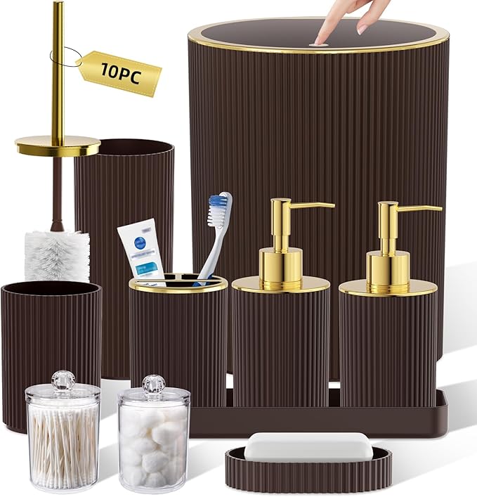 Brown Bathroom Accessories Set, 10PC Bathroom Set, Bath Accessory with Pop Up Trash Can, Soap Dispenser, Toilet Brush, Toothbrush Set Qtip Holders & Tray
