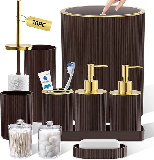 Brown Bathroom Accessories Set, 10PC Bathroom Set, Bath Accessory with Pop Up Trash Can, Soap Dispenser, Toilet Brush, Toothbrush Set Qtip Holders & Tray