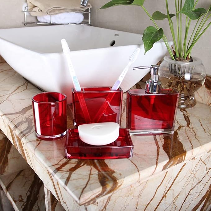 Bathroom Accessories Set, Acrylic Bathroom Accessory Set with Soap Dispenser,Soap Dish, Toothbrush Holder, Tumbler, Modern Bathroom Accessories Decor,Gift for Home (Red-5)