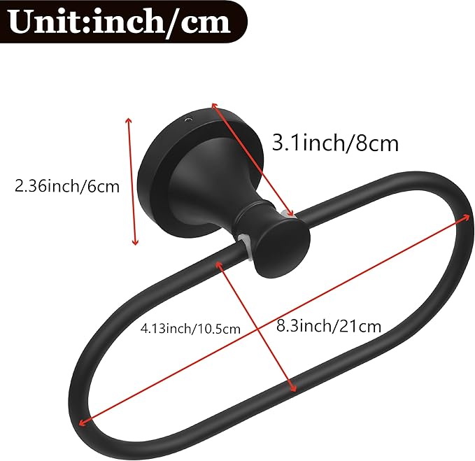 Black Bathroom Hand Towel Holder, Matte Black Towel Ring Holder, Wall Mounted Oval Towel Rack Hanger Home Half Round Bathroom Hardware Accessory Modern