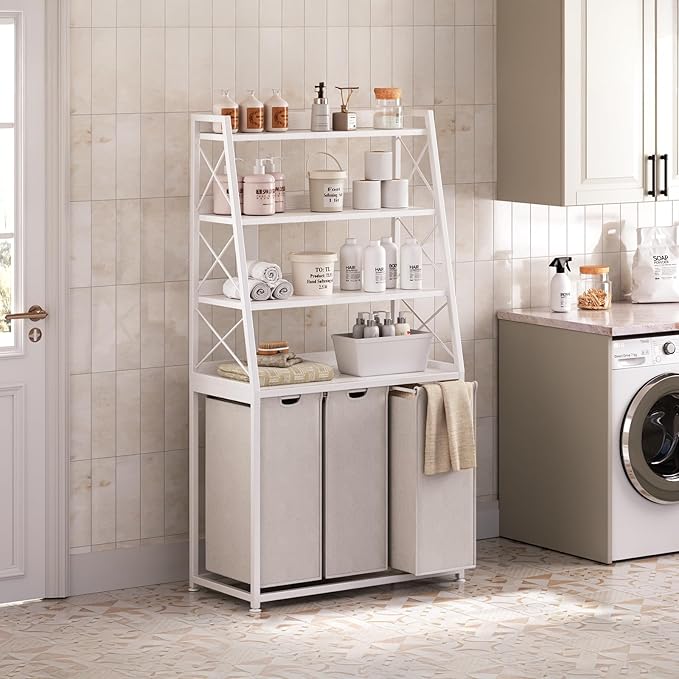 Herture Laundry Basket, 3 Section Laundry Hamper with 4 Tiers Shelf, Pull-Out and Removable Laundry Bags, Large 3 x 15.87 Gallons, for Laundry Room Bathroom White PF05XLW