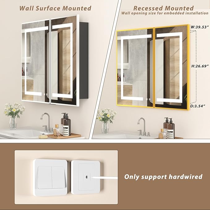 LOVMOR Led Medicine Cabinet with Mirror, Bathroom Vanity Mirror Cabinet with Shelves, 3-Color Lights Dimmer, Gold 32" H x 40" W