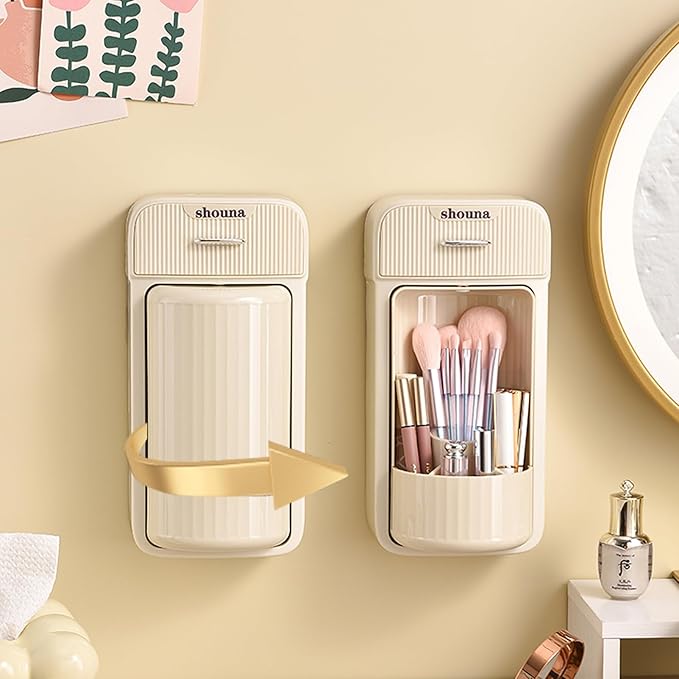 Motomatic Makeup Brush Organizer - Makeup Brush Holder Organizer with 360° Rotating Lid, Wall Mounted Brush Holder Space Saver, 4 Slot Large Storage Capacity Makeup Organizer Waterproof(Cream)