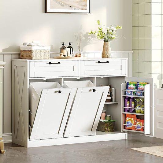 Double Tilt Out Laundry Hamper Cabinet, 43.3" Laundry Cabinet with 2 Removable Baskets, Farmhouse Wooden Hidden Trash Bin Cabinet with Open Shelving, for Bathroom, White