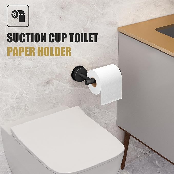 Matte Black Suction Cup Bathroom Accessories Set,Towel Racks for Bathroom,5 Piece Bathroom Hardware Set Restroom Accessories,Includes 24 inch Towel Bar,Towel Ring,Toilet Paper holder,Suction Cup Hooks