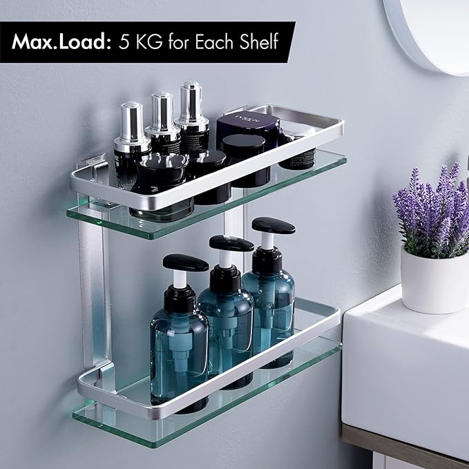 KES Bathroom Glass Shelf for Bathroom 2 Tier, Glass Storage Wall Mounted Tempered Glass and Aluminum Silver, A4126B