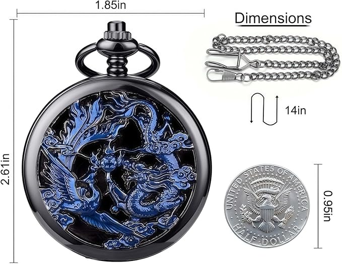 ManChDa Scrying Mirror Black Obsidian Mirror Lucky Dragon & Phoenix Pocket Watch Shell Witchcraft Kit Wiccan Supplies and Tools Witchy Gifts, Black Blue